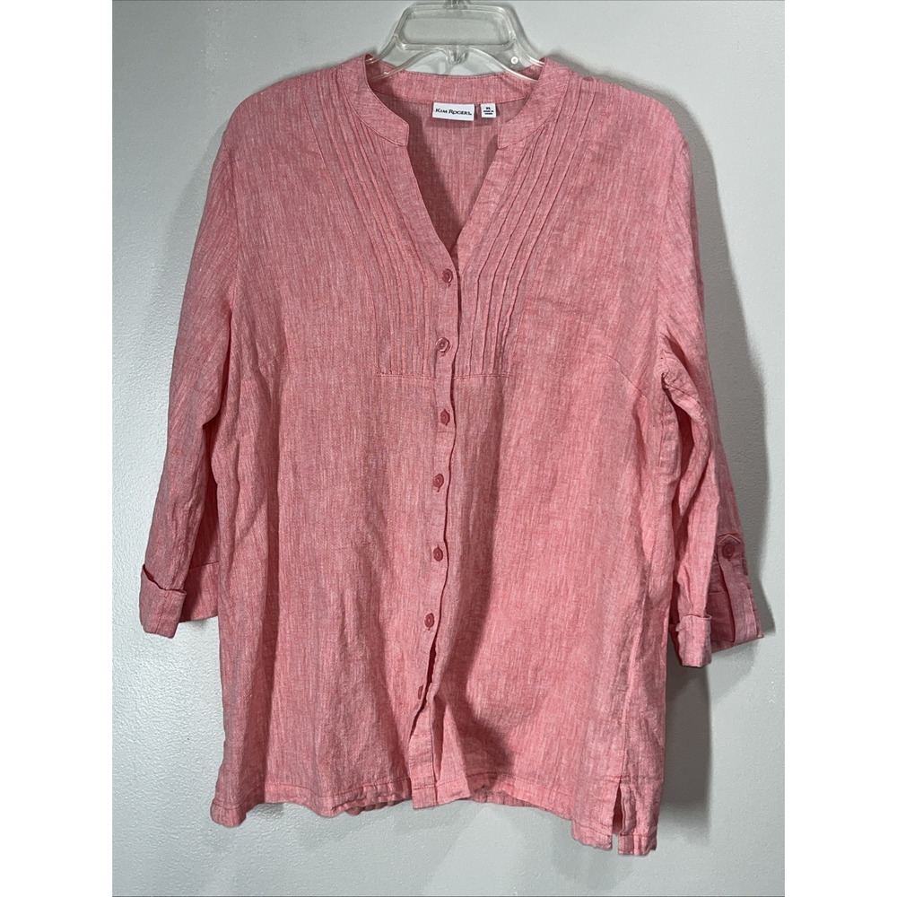 KIM ROGERS Linen Blend Button Up Pink Coral Shirt Women's roll up sleeve XL